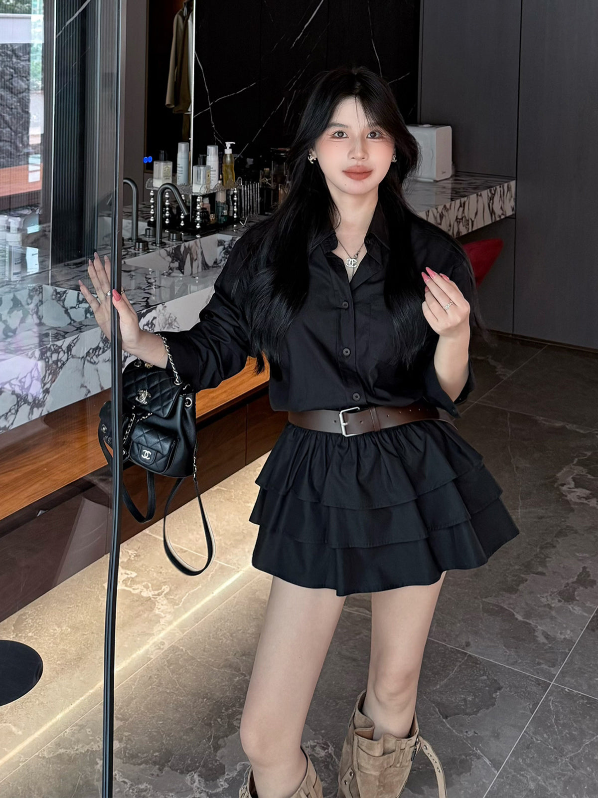 【dress】ベルト付きティアードシャツワンピース Q9045