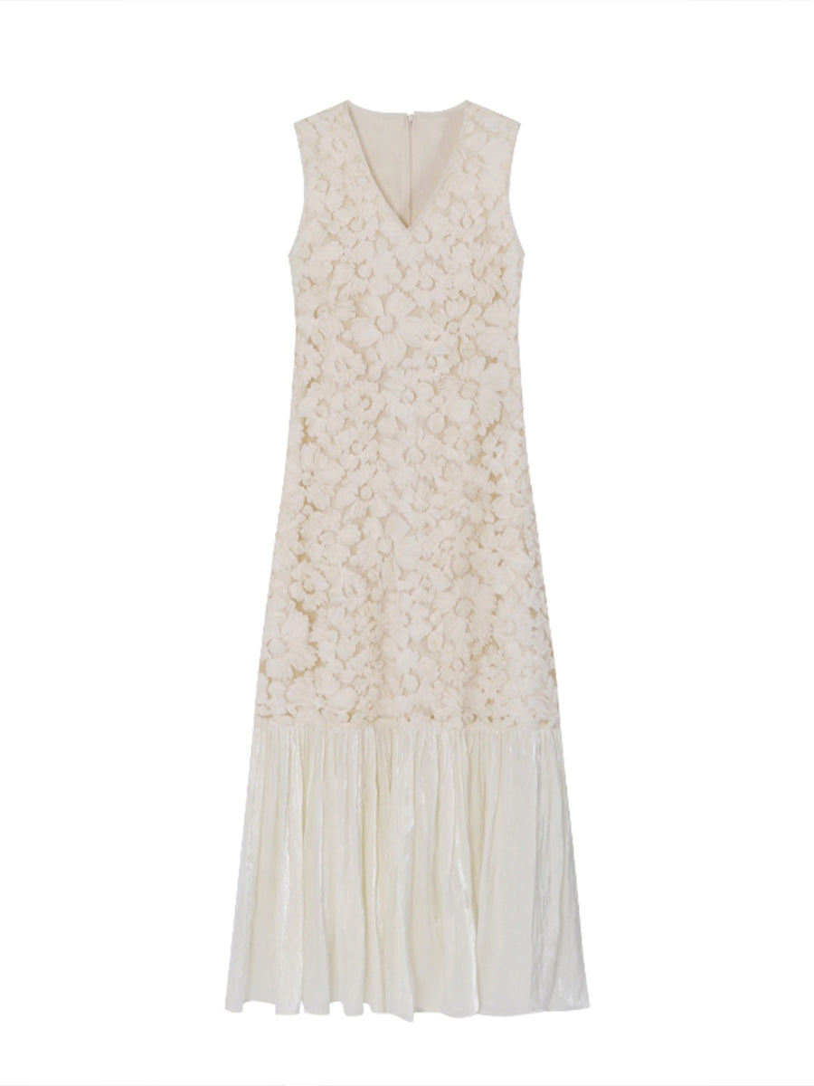 【dress】Vネックチュールドッキングロングベストワンピース Q8824