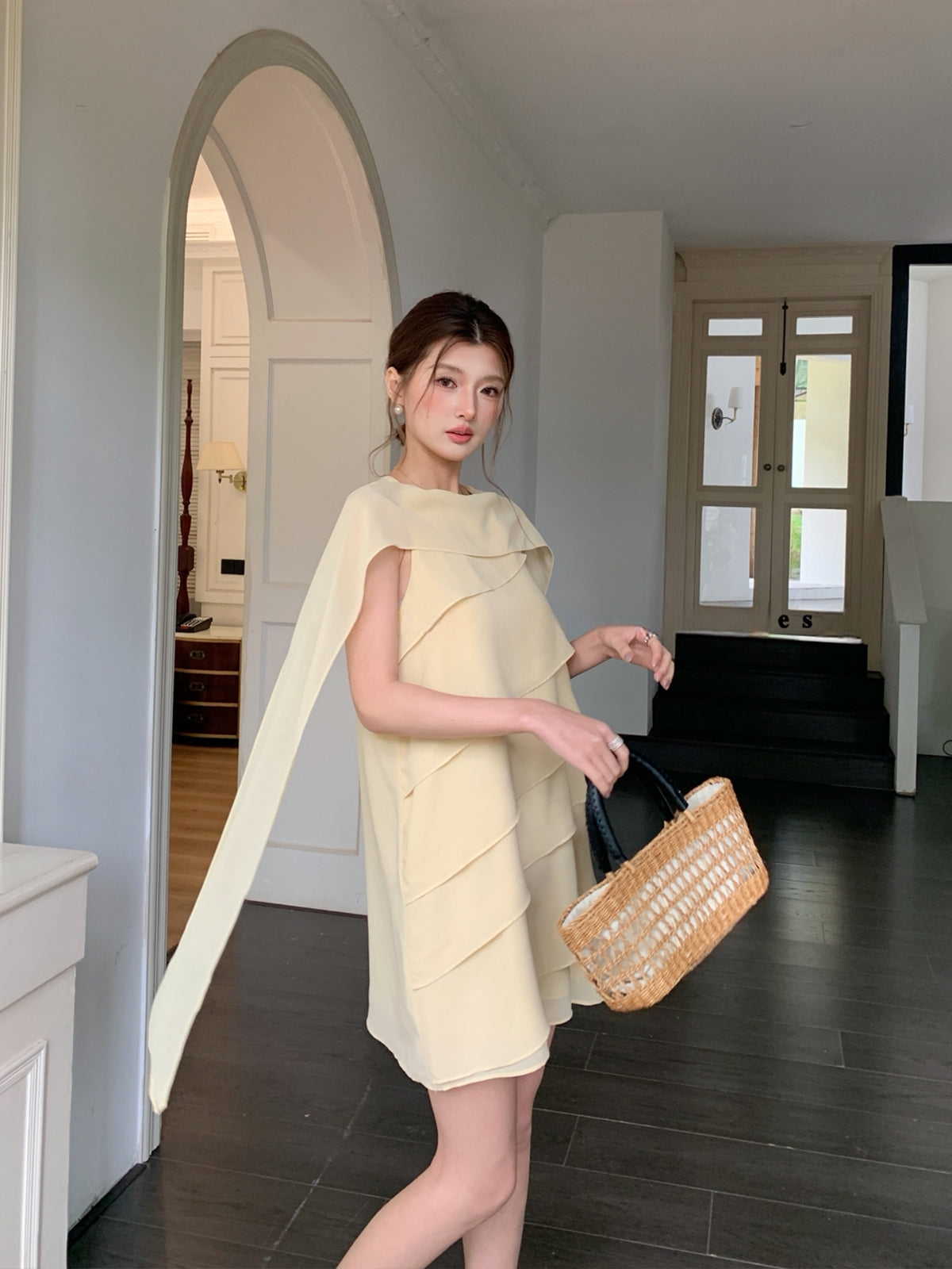 【dress】 スカーフネックシフォンティアードワンピース Q8882