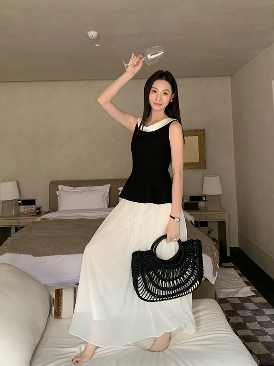 【dress】ノースリーブ配色ロングワンピース Q8749