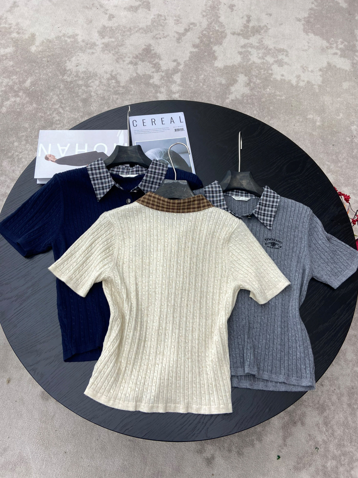 【tops】チェック柄ネックニットポロシャツ Q8947