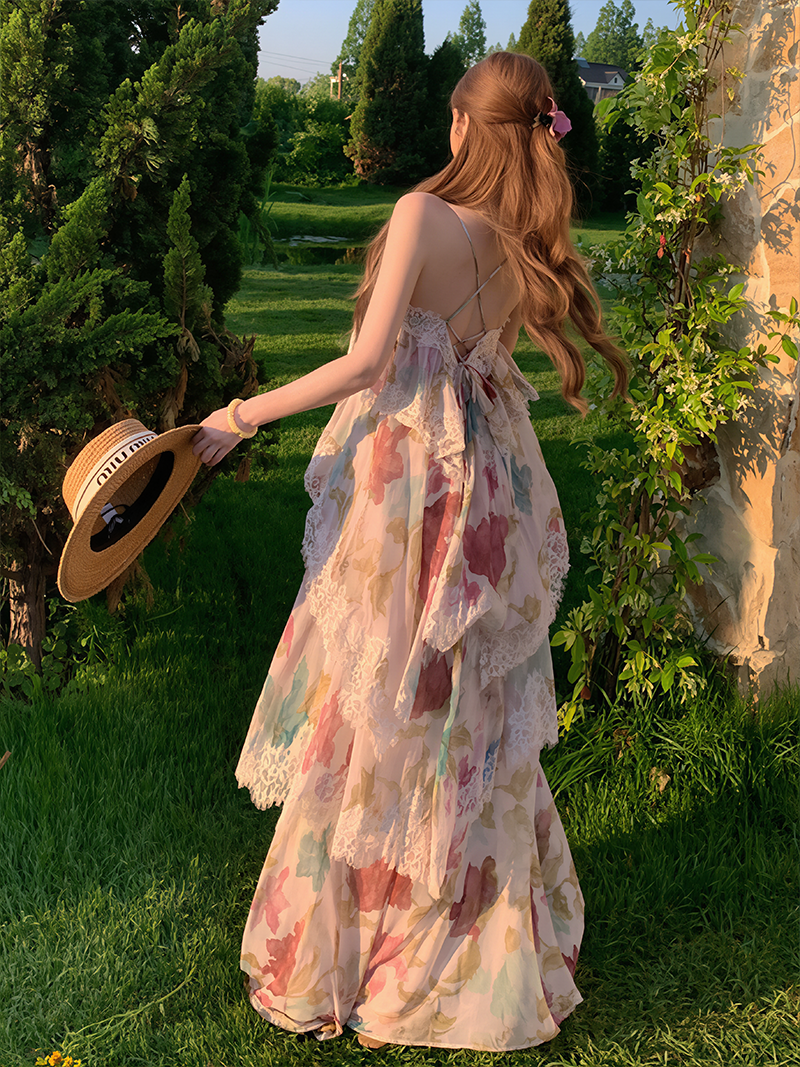 【dress】フラワー柄レースドッキングティアードキャミワンピース Q8628