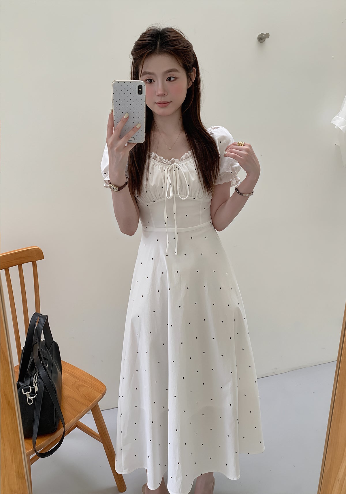 【dress】ドット柄レースドッキングロングワンピース Q8754