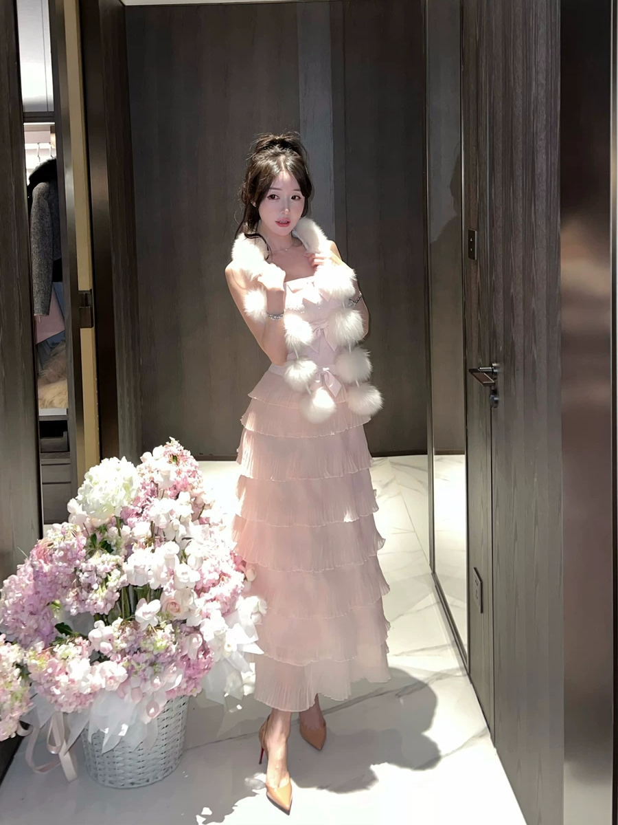 【dress】リボン付きティアードキャミワンピース Q7679
