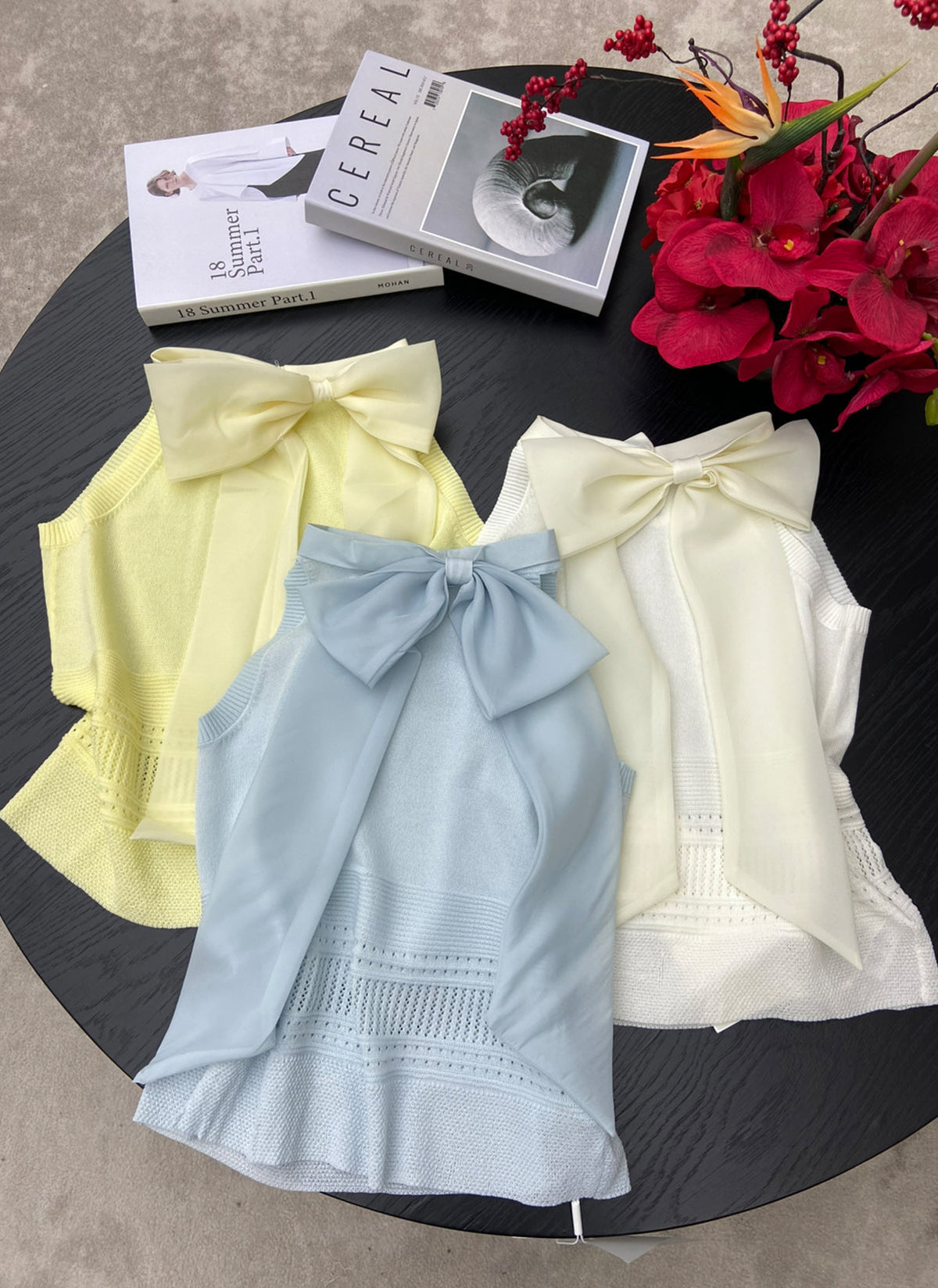 【tops】リボン付きノースリーブニットトップス Q8775