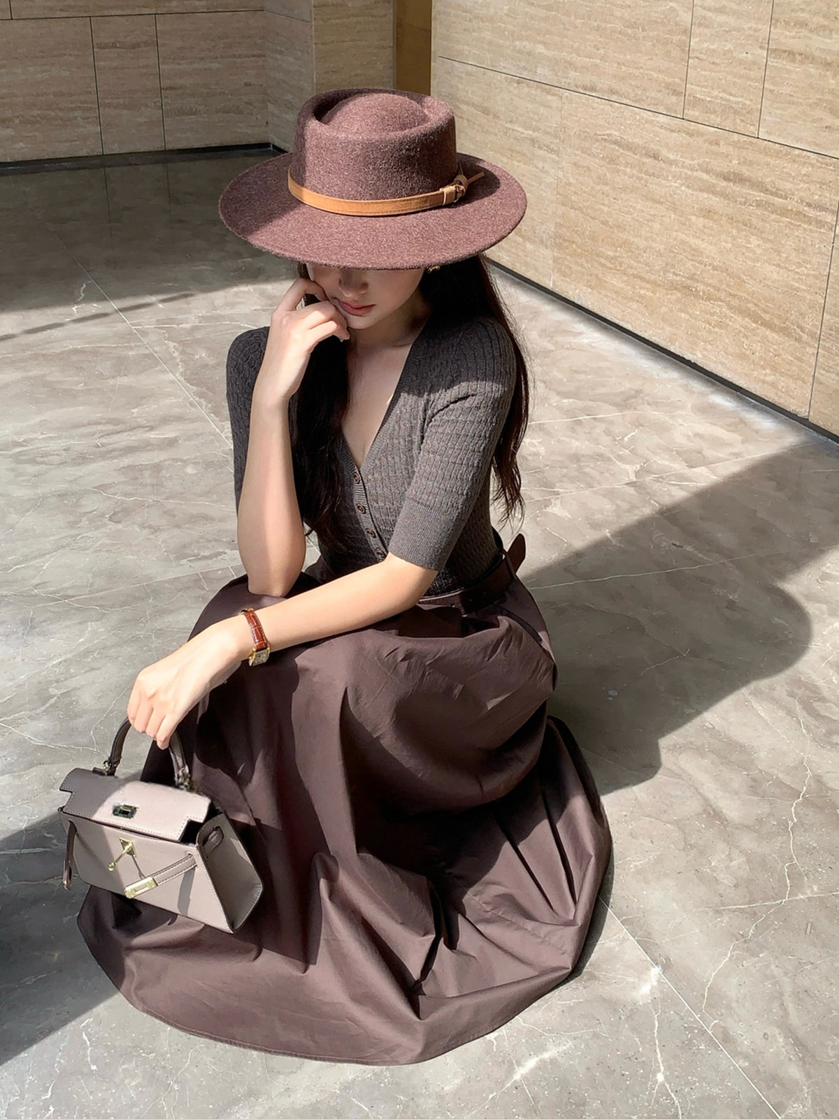 【dress】半袖ニットドッキングロングワンピース Q8920