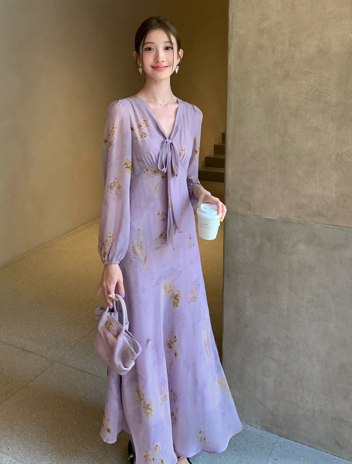 【dress】ボウタイフラワー柄ロングワンピース Q8919