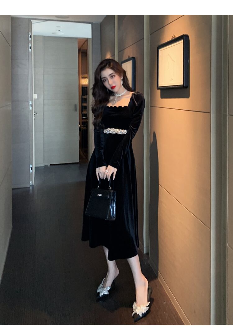 【dress】美人度アップ!気質満点ハイウエスト長袖 スクエアネックワンピース G1418