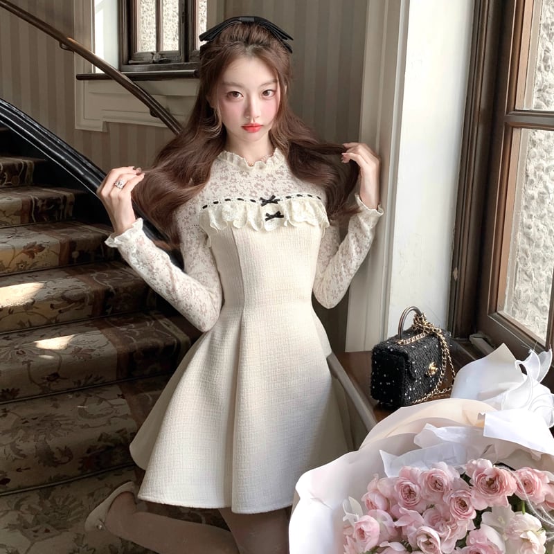 【dress】レースドッキングフレアワンピース Q7645