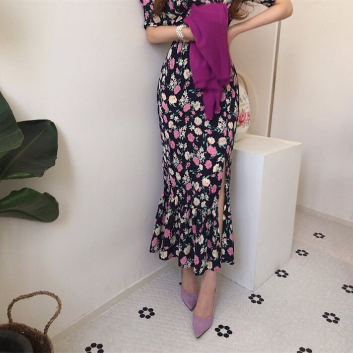 【dress】花柄スリットワンピース　M24720