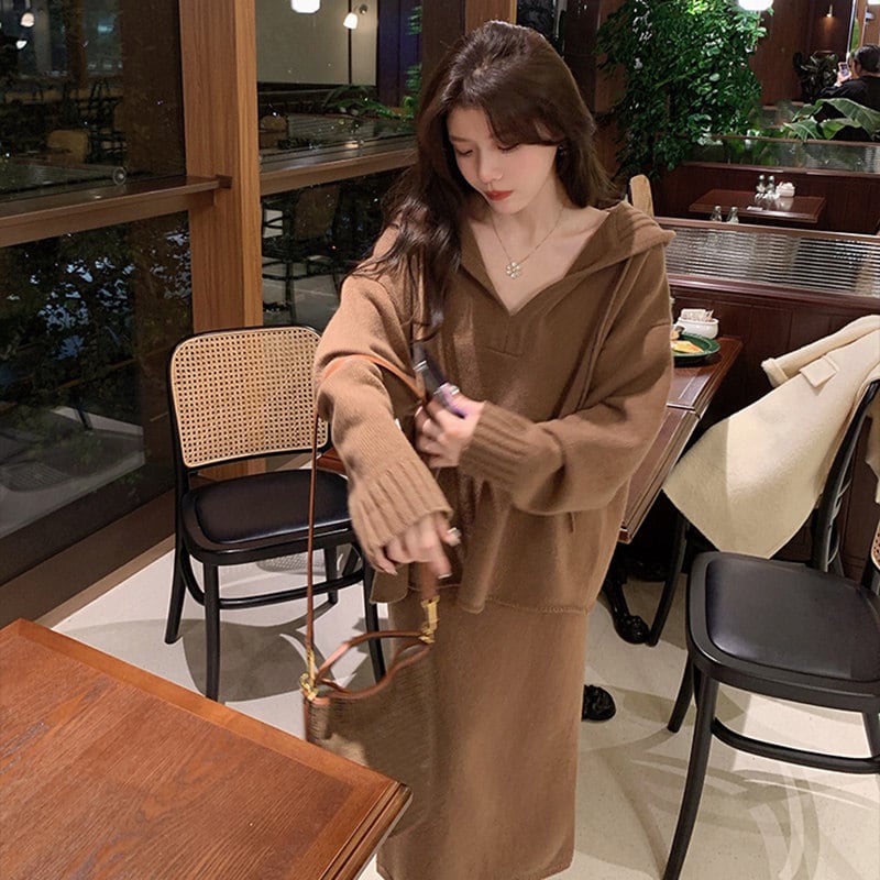 【set】フード付きニットトップス×ロングスカートセット Q8357