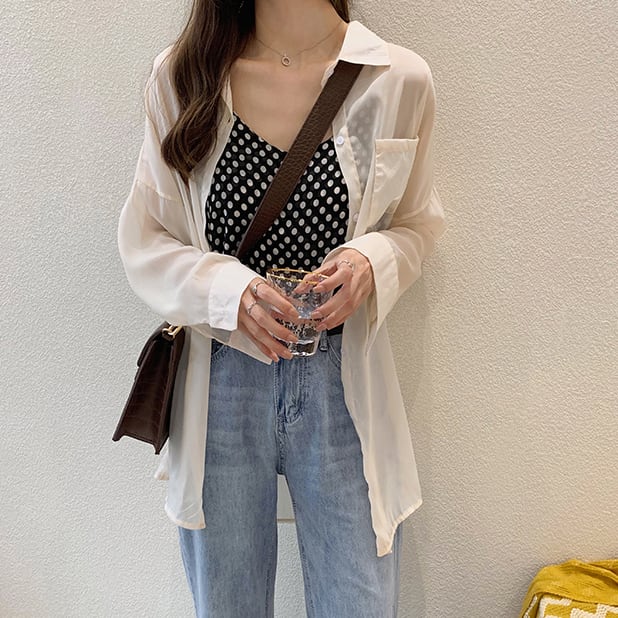 【tops】流行アイテム！折り襟紫外線対策日焼け対策シンプル長袖無地ゆったり着回しシャツF0093