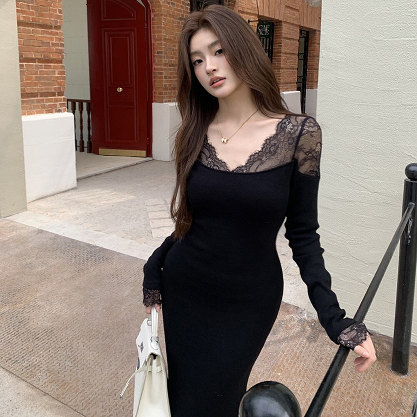 【dress】レースドッキングマーメイドニットワンピース　N2902