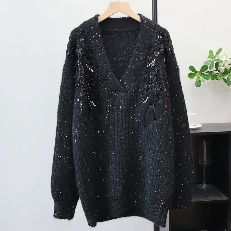 【tops】Vネックスパンコール付きニットトップス Q7436