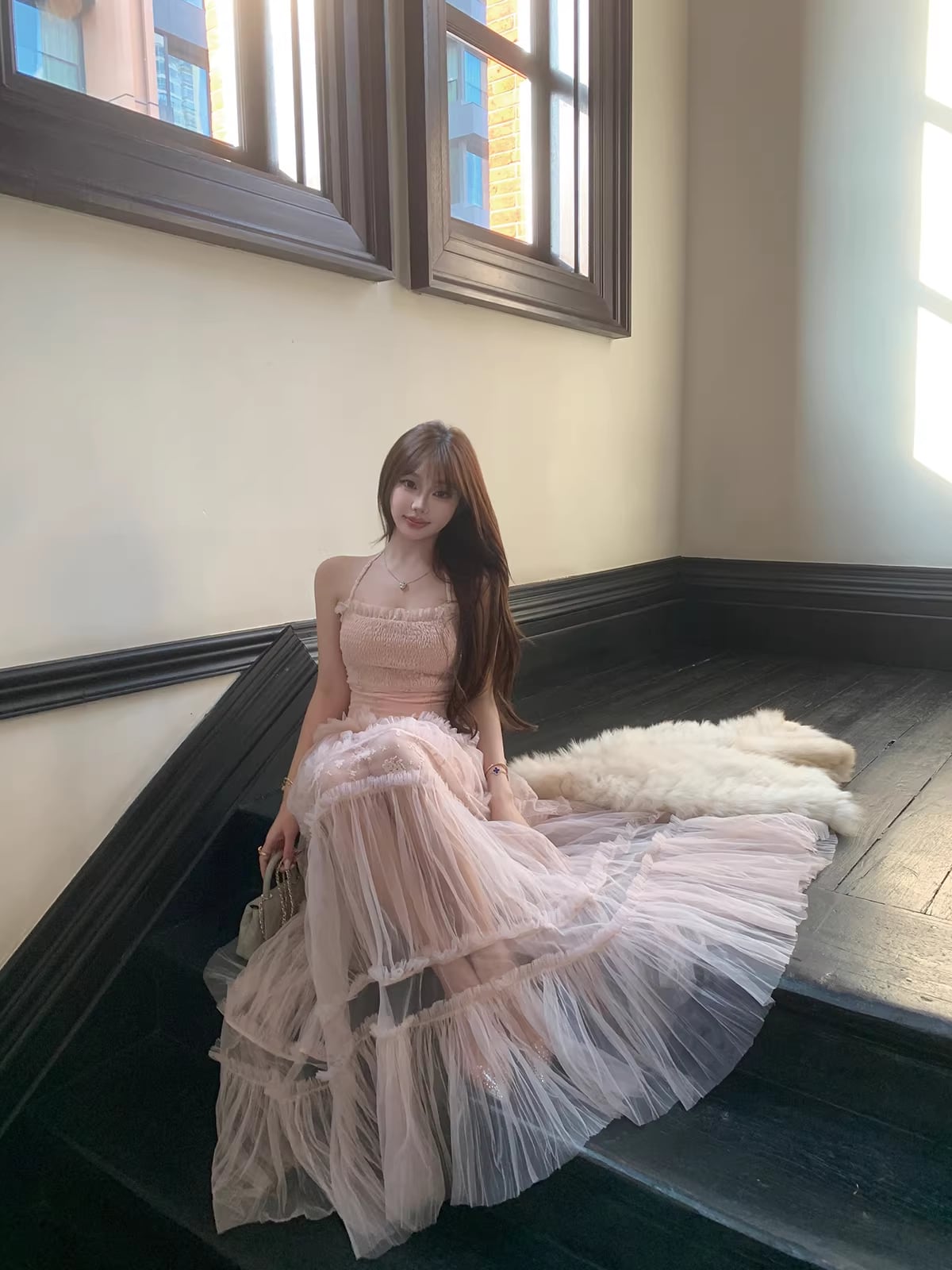 【dress】チュールレースロングワンピース Q7971