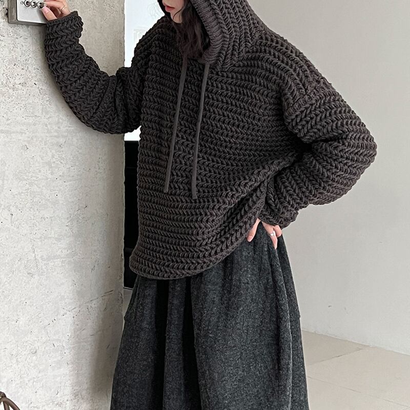 【tops】フード付き透かし彫りニットトップス Q7284