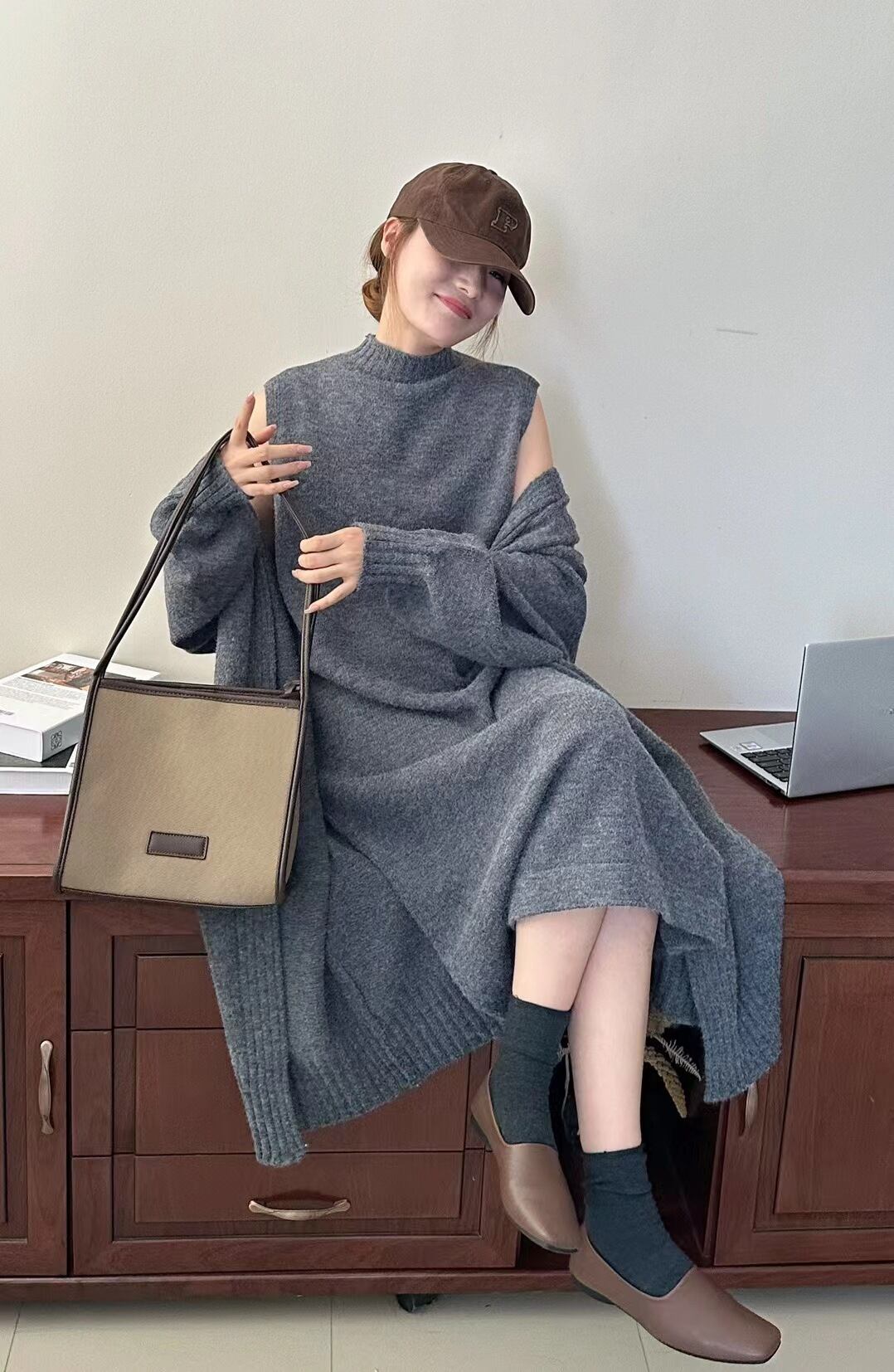 【set】ロングカーディガン×ノースリーブワンピースセット　N2221