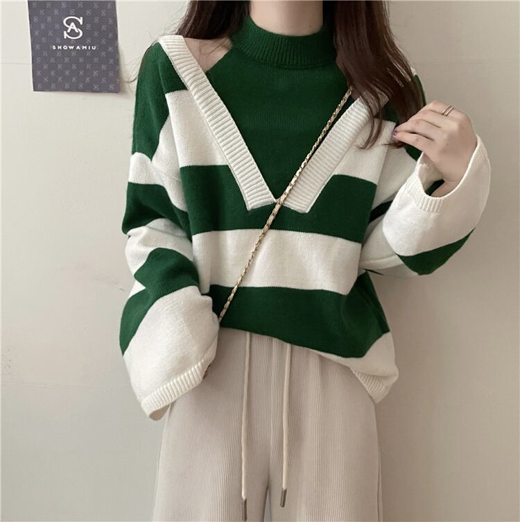 【tops】オフショルダーストライプ柄ニットG17450