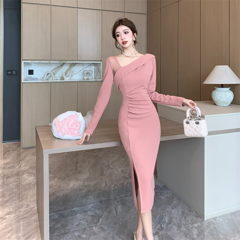 【dress】フランス風メッシュVネック長袖ワンピースG24375