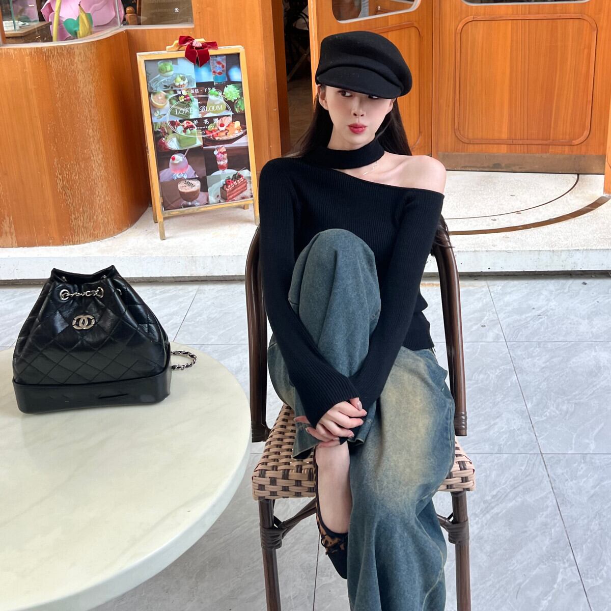 【tops】ワンショルハイネックニットトップス　N2931