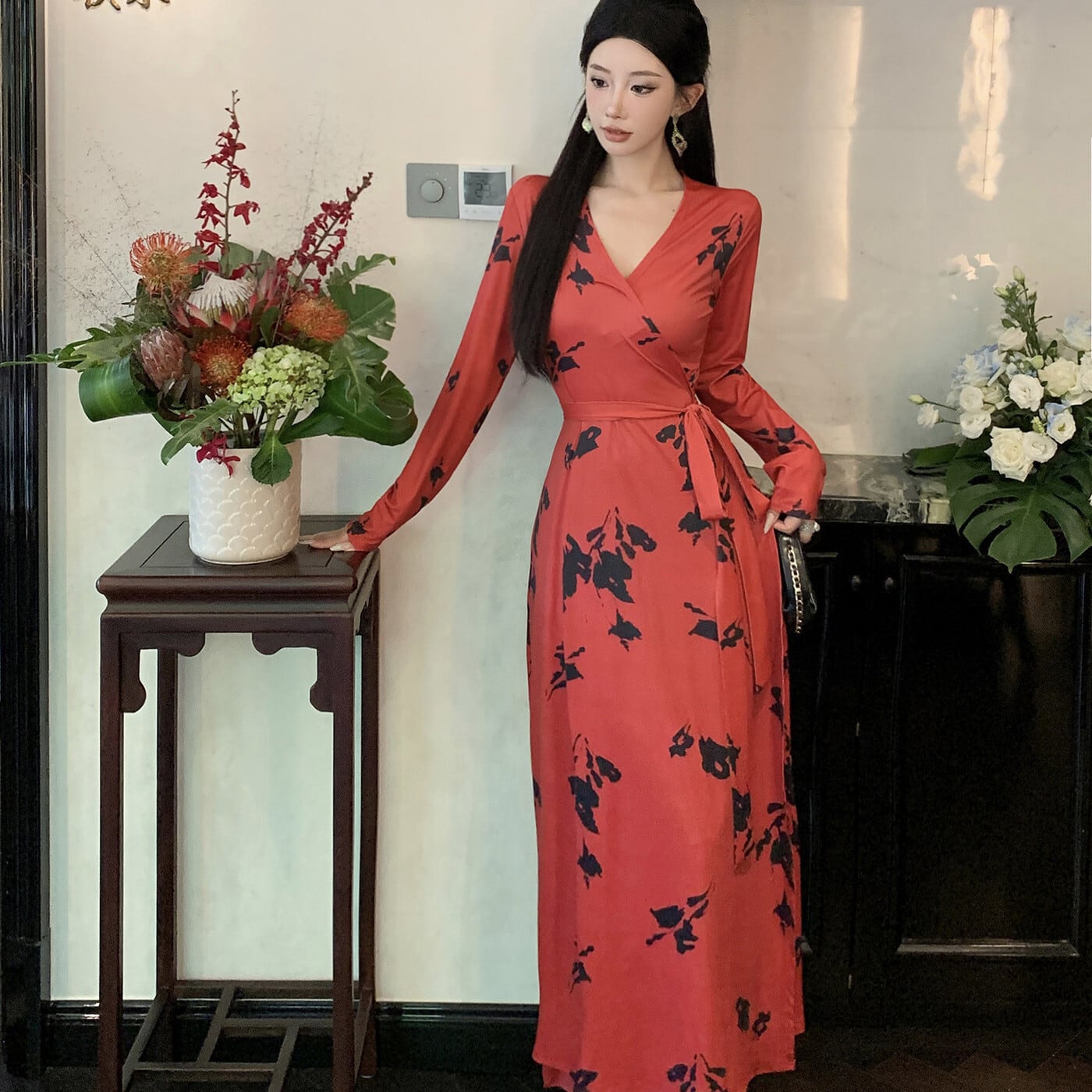 【dress】Vネックプリントワンピース　M29347