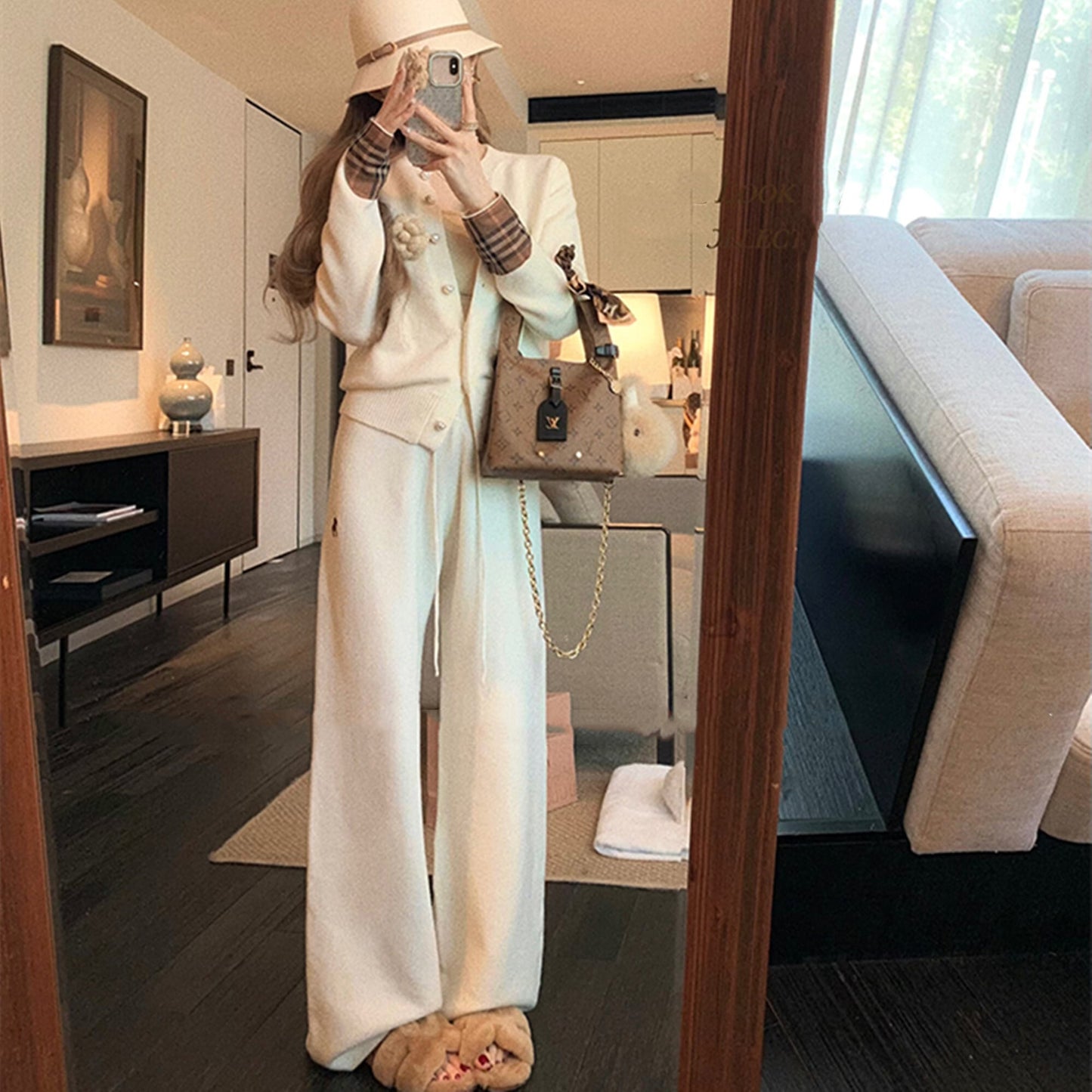 【set】チェック柄切り替えニットカーディガン×ワイドパンツセット　N3307