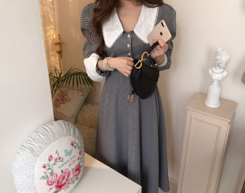 【dress】秋高級感 気質満点ドールカラーフランス風チェック柄ワンピース G1784
