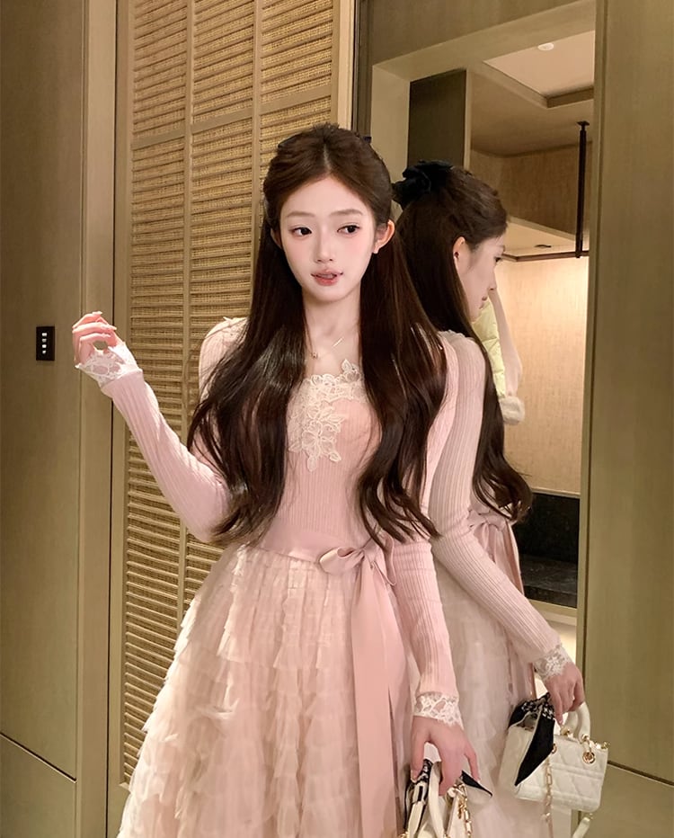【dress】レース付きニットドッキングチュールワンピース Q7646