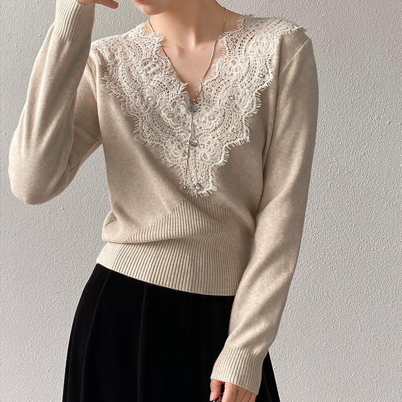 【tops】Vネックレースドッキングニットトップス Q7241