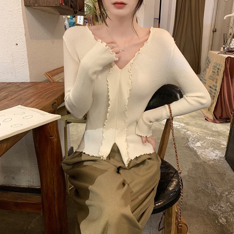 【tops】Vネックフリルニットトップス　M18839