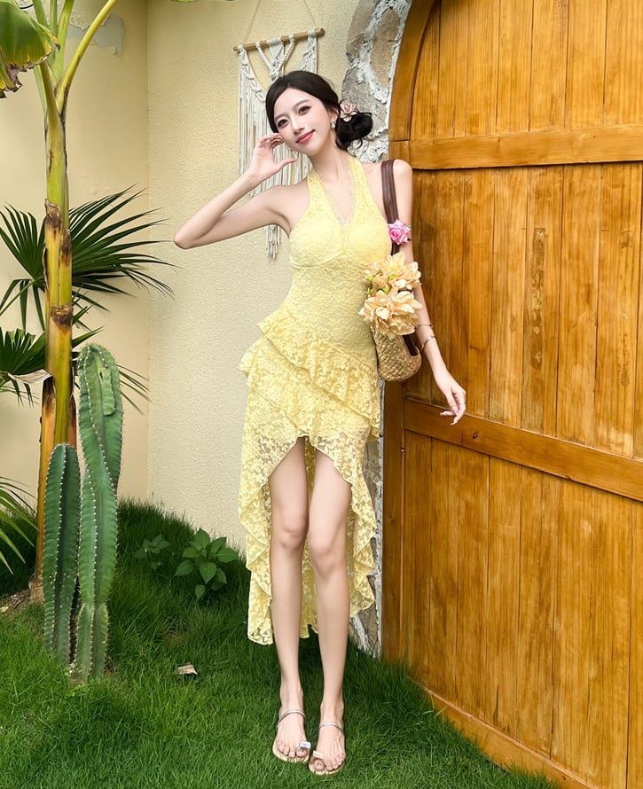 【dress】ホルターネックイレヘムレースワンピース Q8414