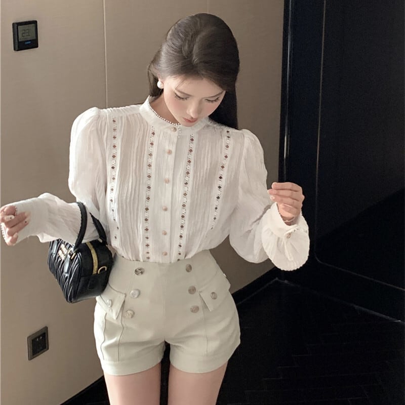 【tops】カットワークシャツブラウス　M29346