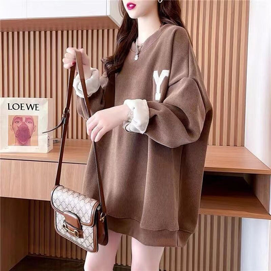 【tops】学院風アルファベット3色裏起毛秋冬新作配色ラウンドネック長袖厚手着回しパーカーF1334