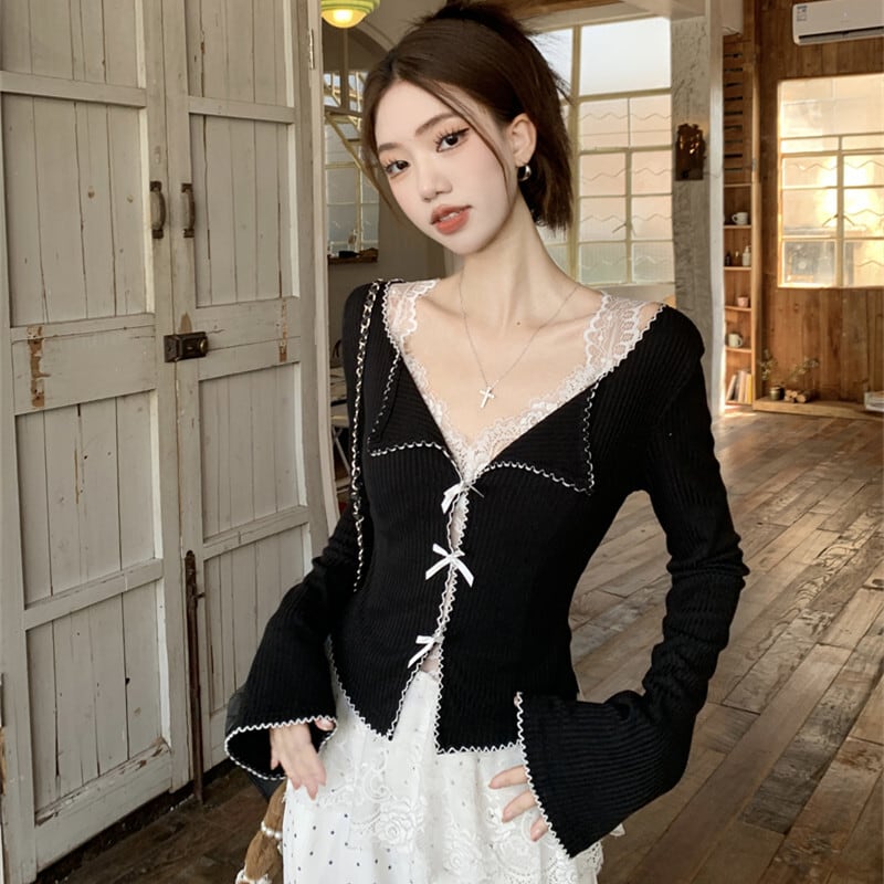 【outer】リボン付きニットカーデ　M29456