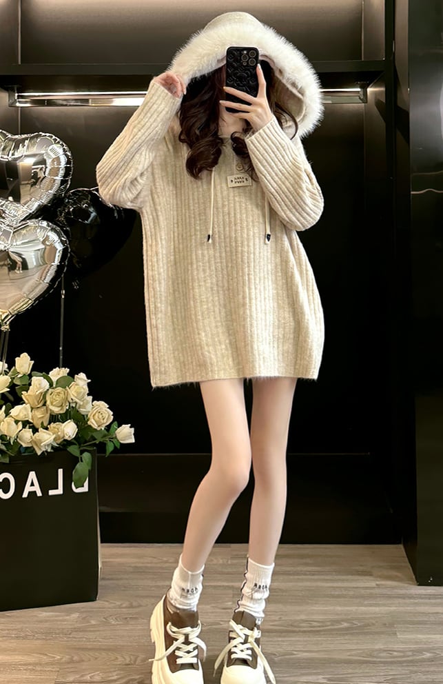 【tops】フードファー付きニットトップス Q7358