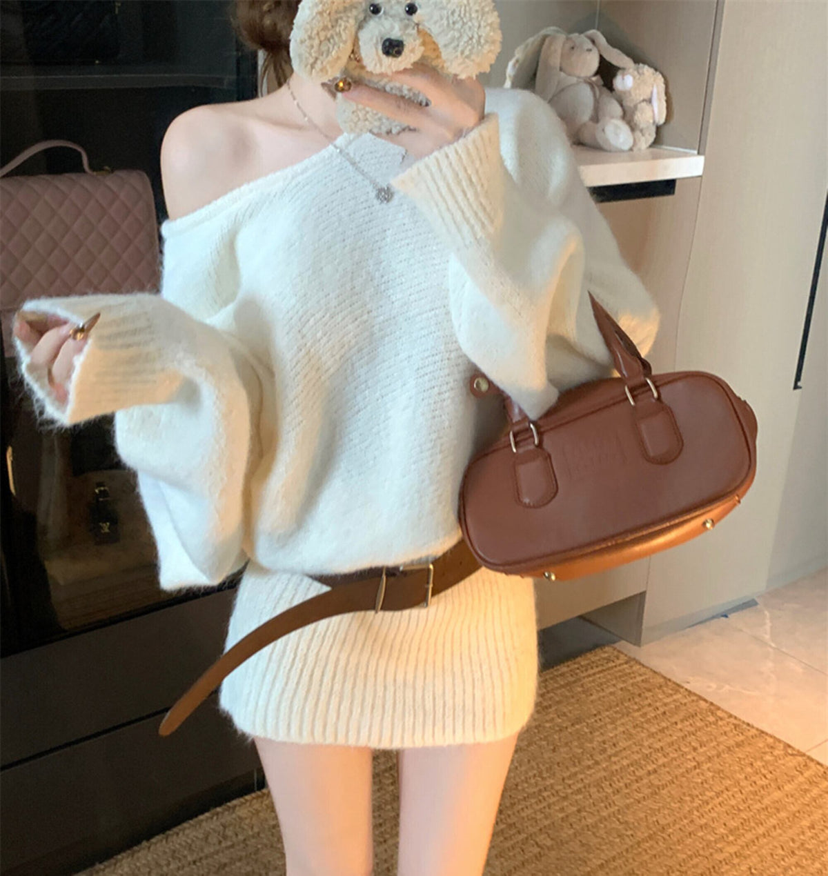【dress】オフショルニットミニワンピース　N3359