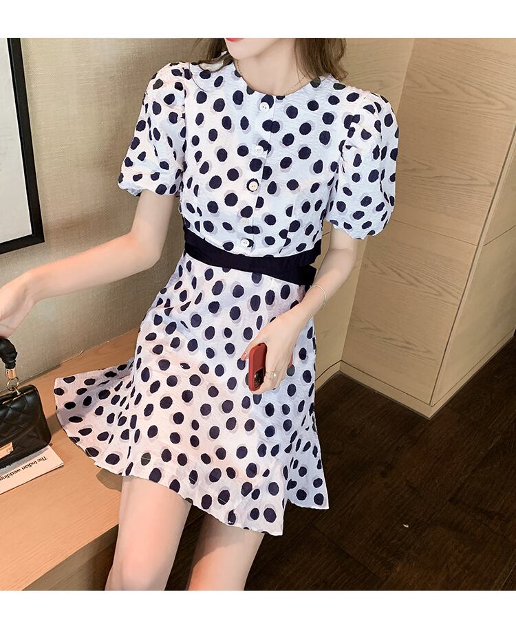 【dress】高級感好感度UP!気質満点パフスリーブドット柄透かし彫りワンピース G0257