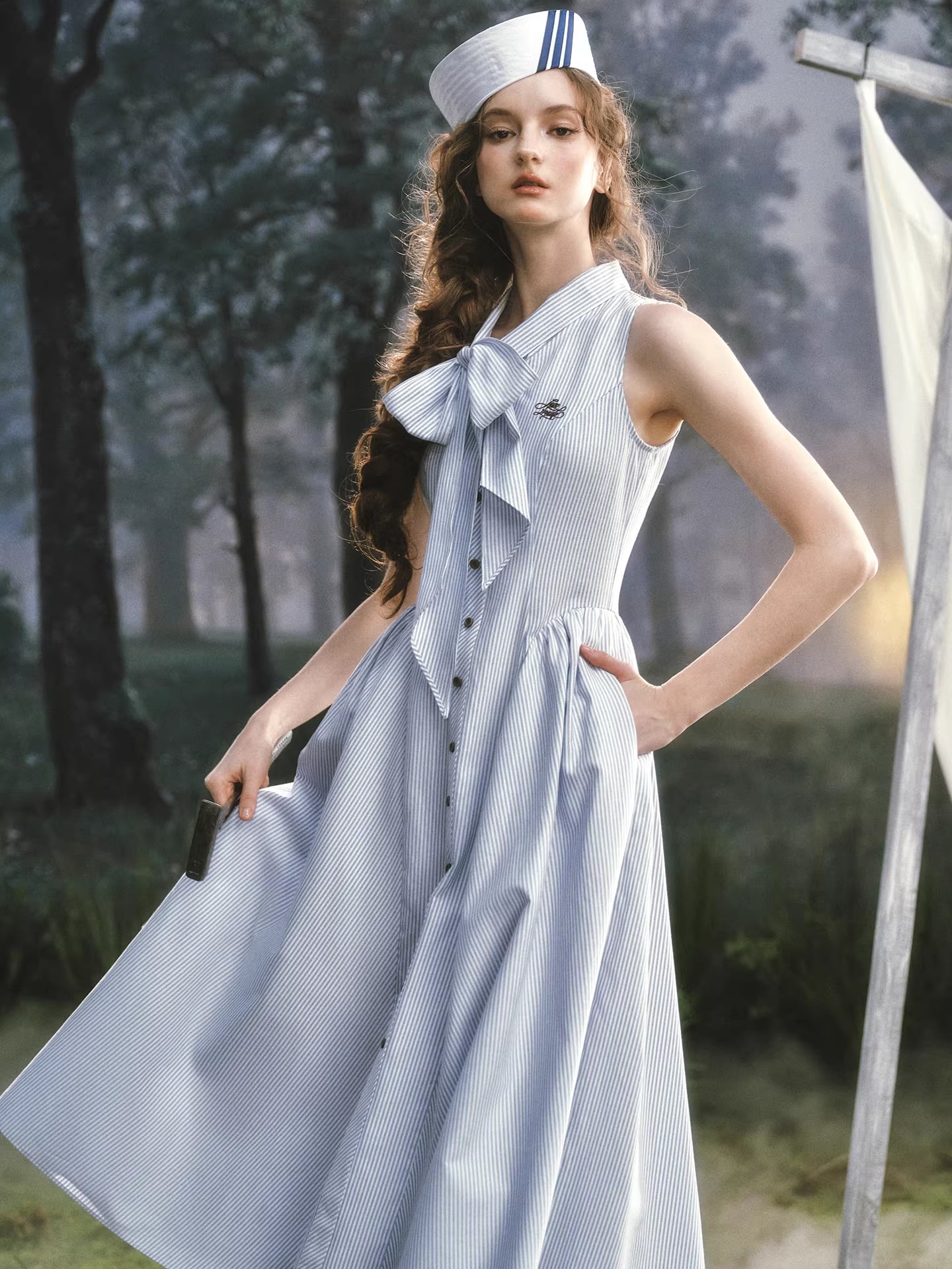 【dress】リボン付きストライプ柄ベストワンピース Q8458