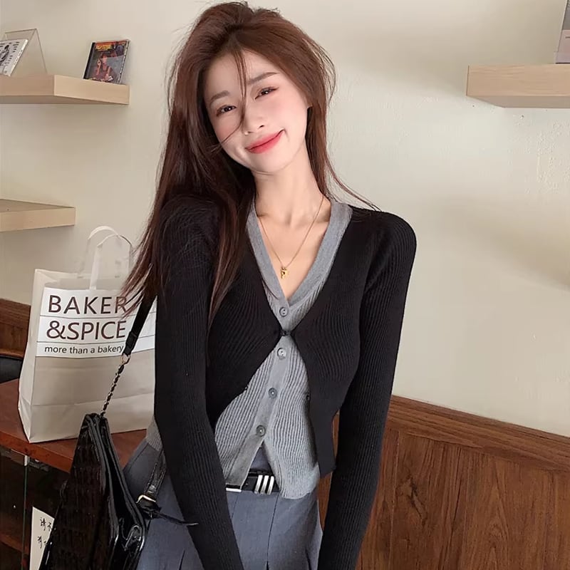 【tops】フェイクレイヤードニットトップス Q8150