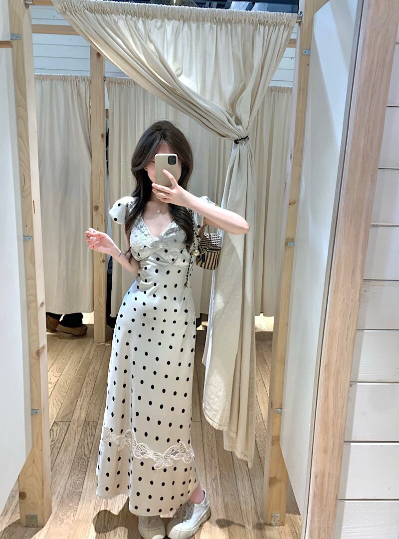 【dress】レースVネックドット柄ワンピース G20640