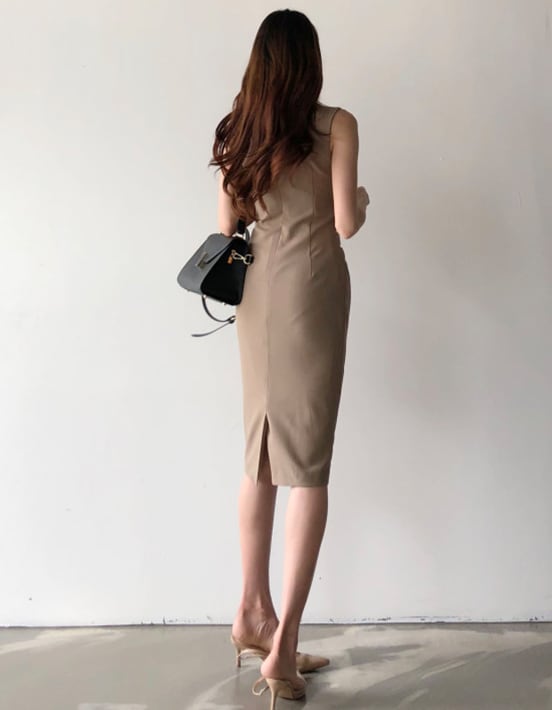 【dress】気質デザインノースリーブレディースファッション無地OL通勤ワンピース