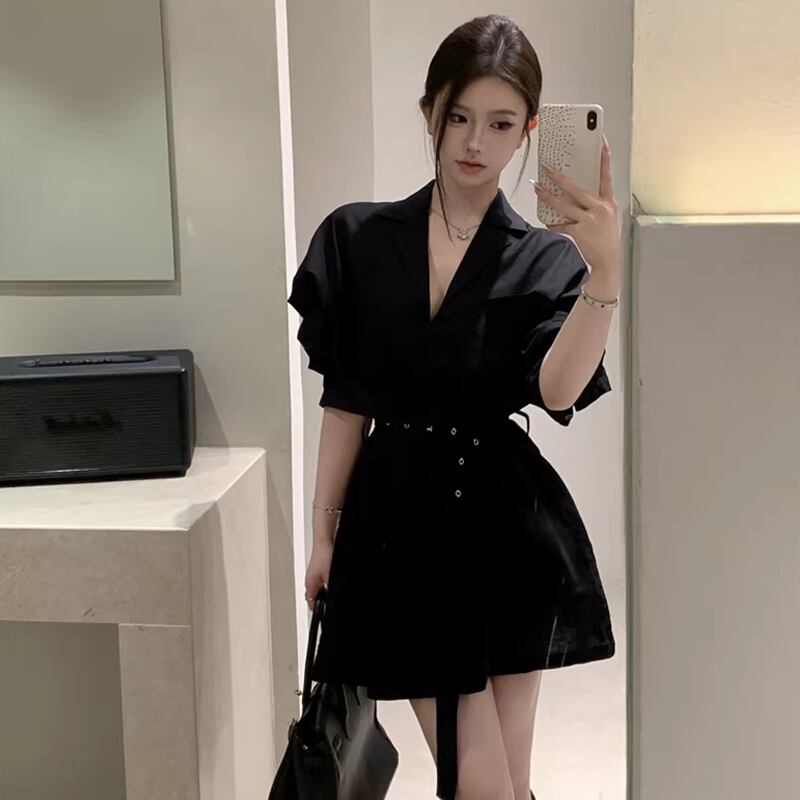 【dress】ベルト付きミニシャツワンピース Q8383