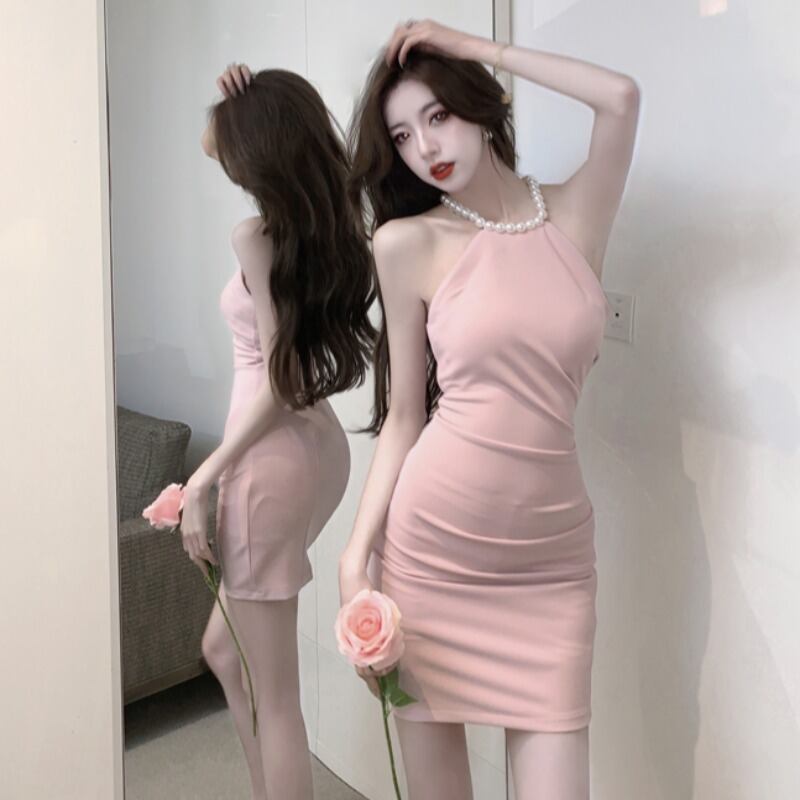 【dress】高級感!フランス風気質満点夏セクシー体型カバー着痩せパールホルターネックワンピース G7859