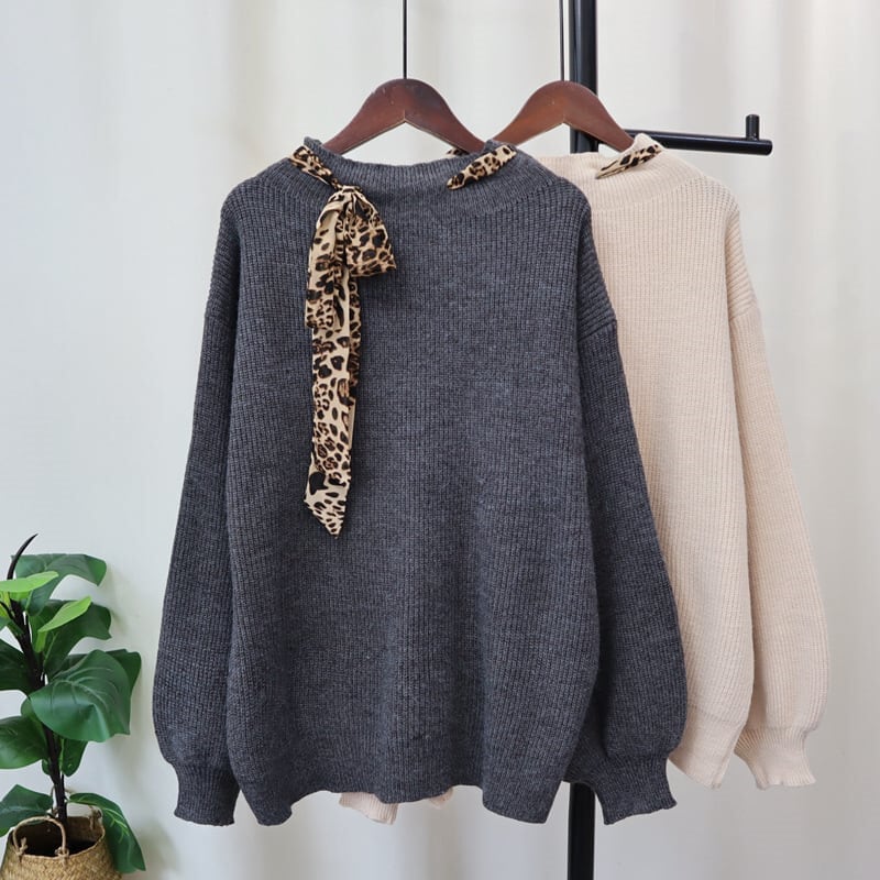 【tops】ヒョウ柄ボウタイニットトップス　M26760