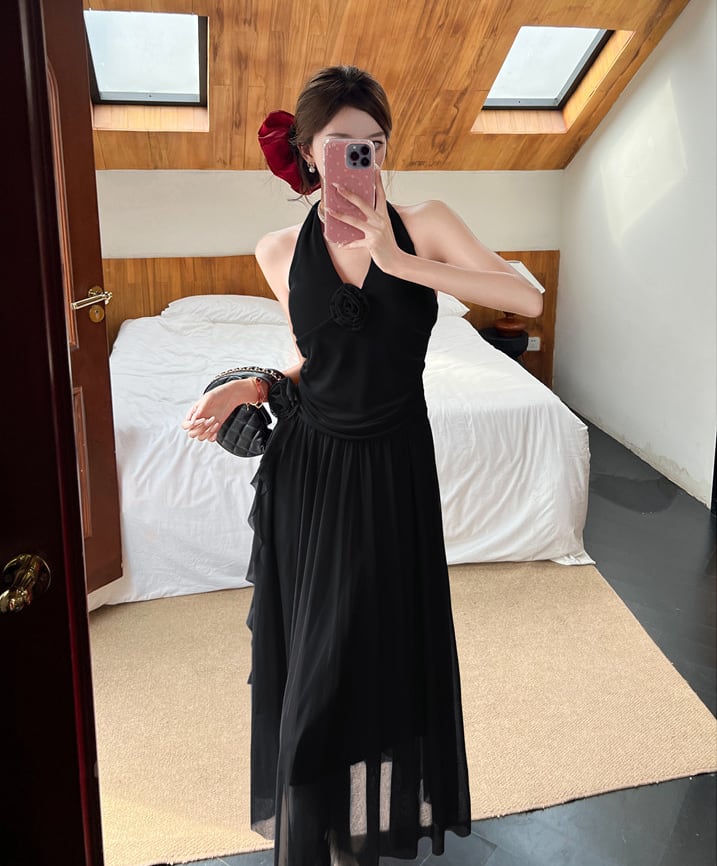 【dress】ノースリーブホルターネックロングワンピース Q8190