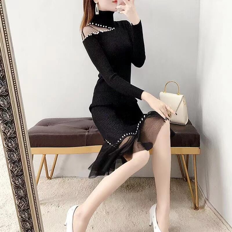 【dress】細身効果抜群♪レース切り替え体型カバーファッション無地人気ニットマーメイドワンピースF1436