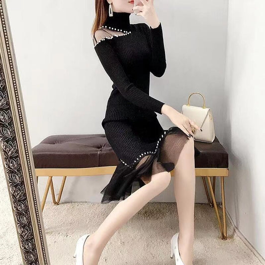 【dress】細身効果抜群♪レース切り替え体型カバーファッション無地人気ニットマーメイドワンピースF1436