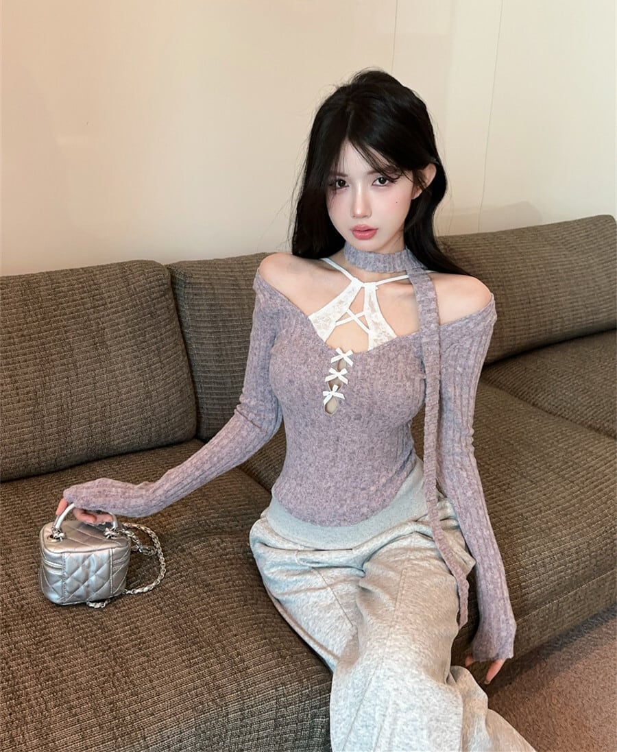 【tops】レース切り替え長袖Tシャツ　M28397