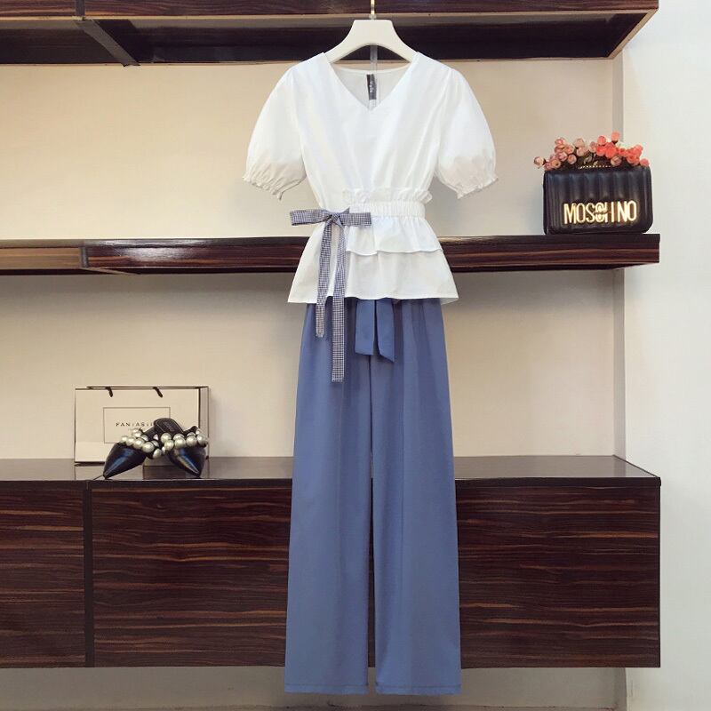 【set】オシャレ度満点〜蝶々結びVネックブラウス＋無地ガウチョパンツおしゃれセットアップ