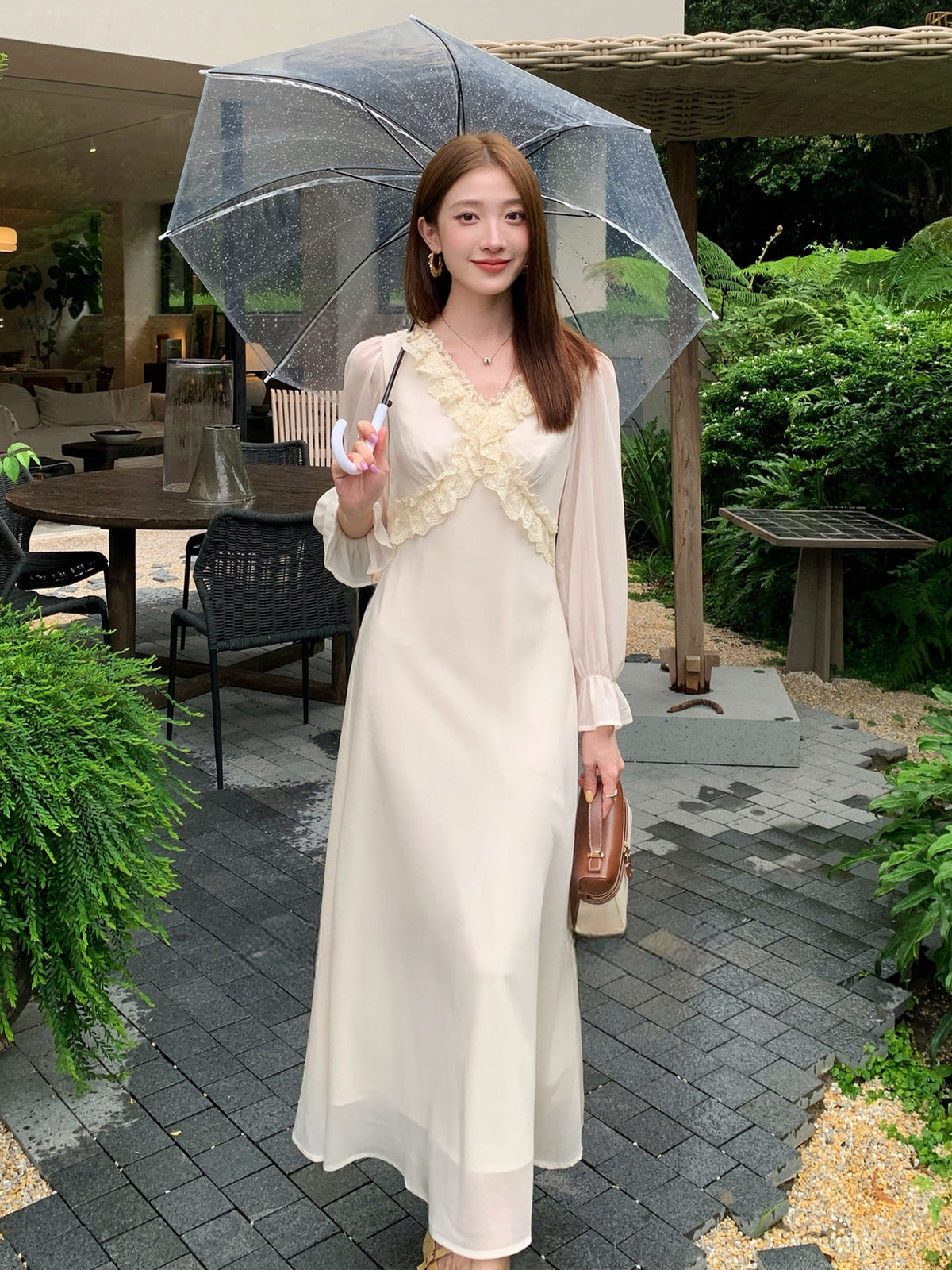 【dress】ギャザーフリルロングワンピース Q8933